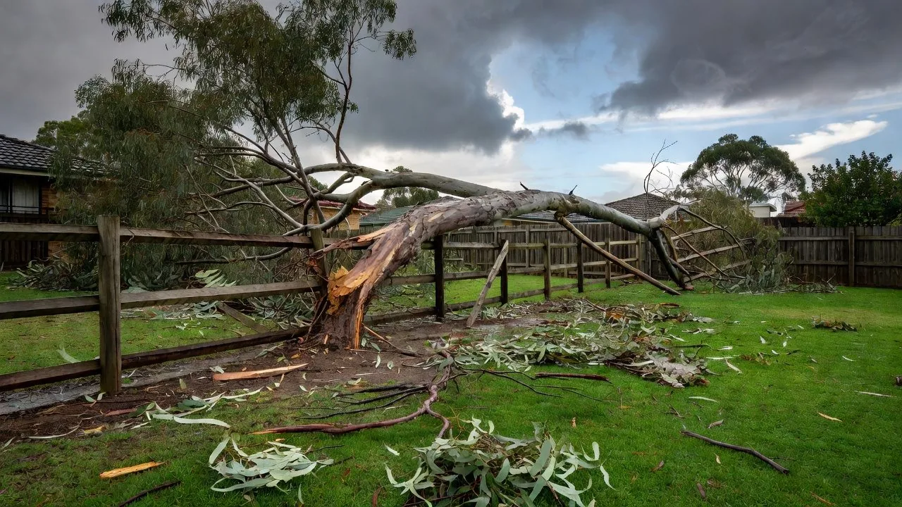 A large fallen eucalyptus limb across a timber fence and lawn after a storm